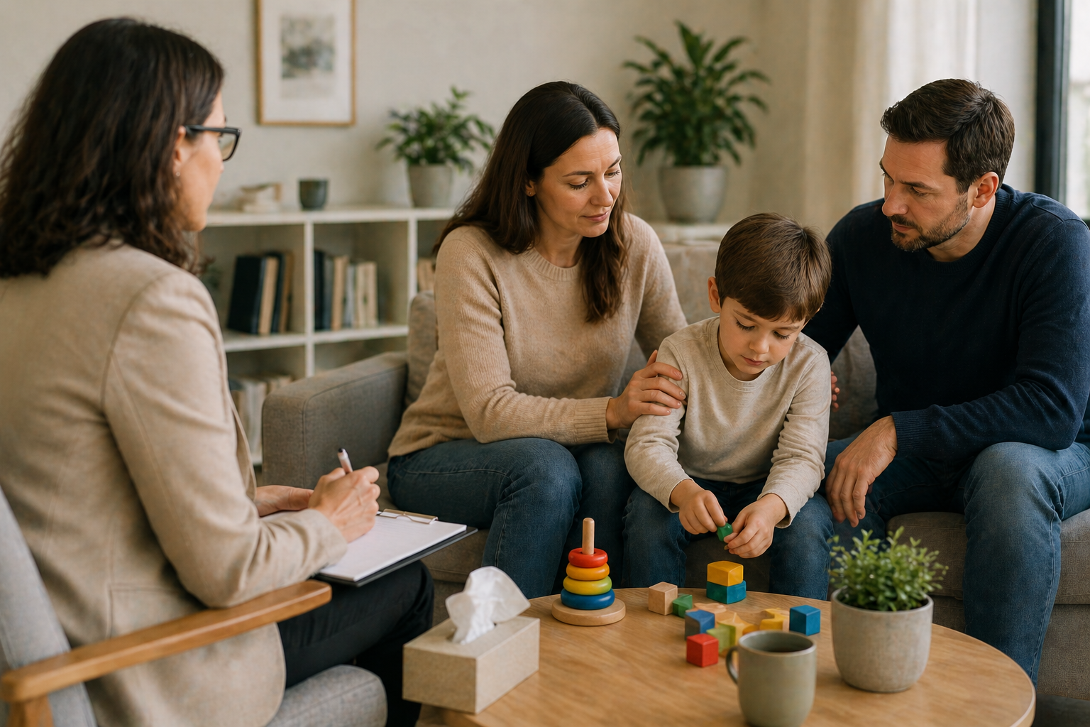 A family sitting together and talking in a calm way, with a mediator supporting the conversation